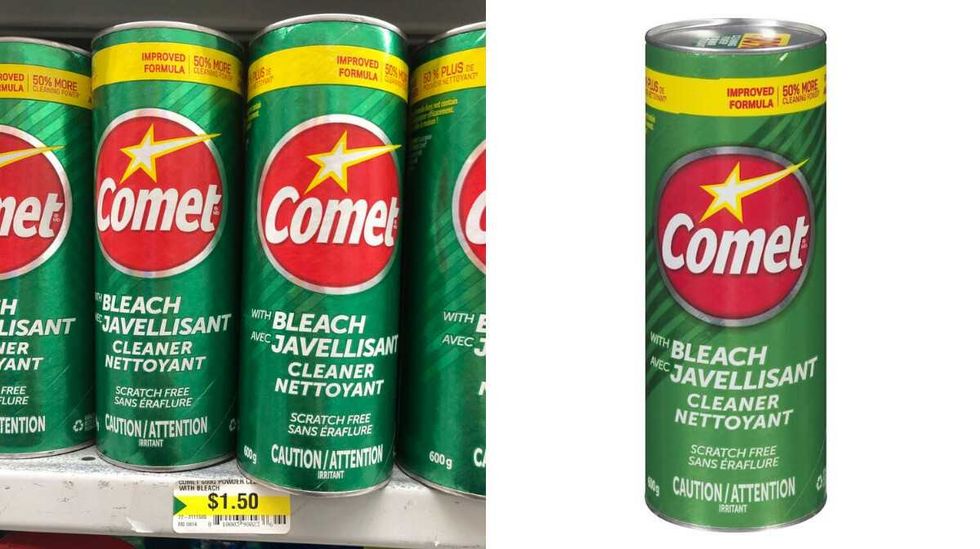 Green cans that says Comet on the front sitting on a store shelf. Right: A green can that says Comet on it.