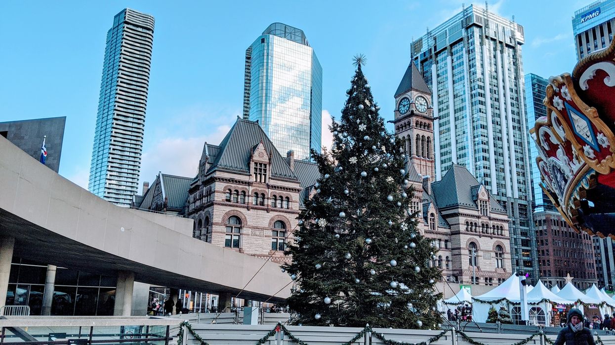 green christmas tree in toronto nathan phillips square with city skyscrapers in the background
