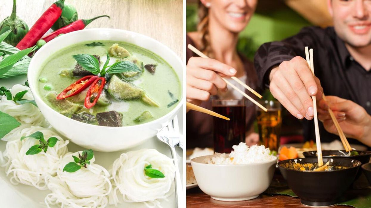 Green curry. Right: People eating food at a restaurant.