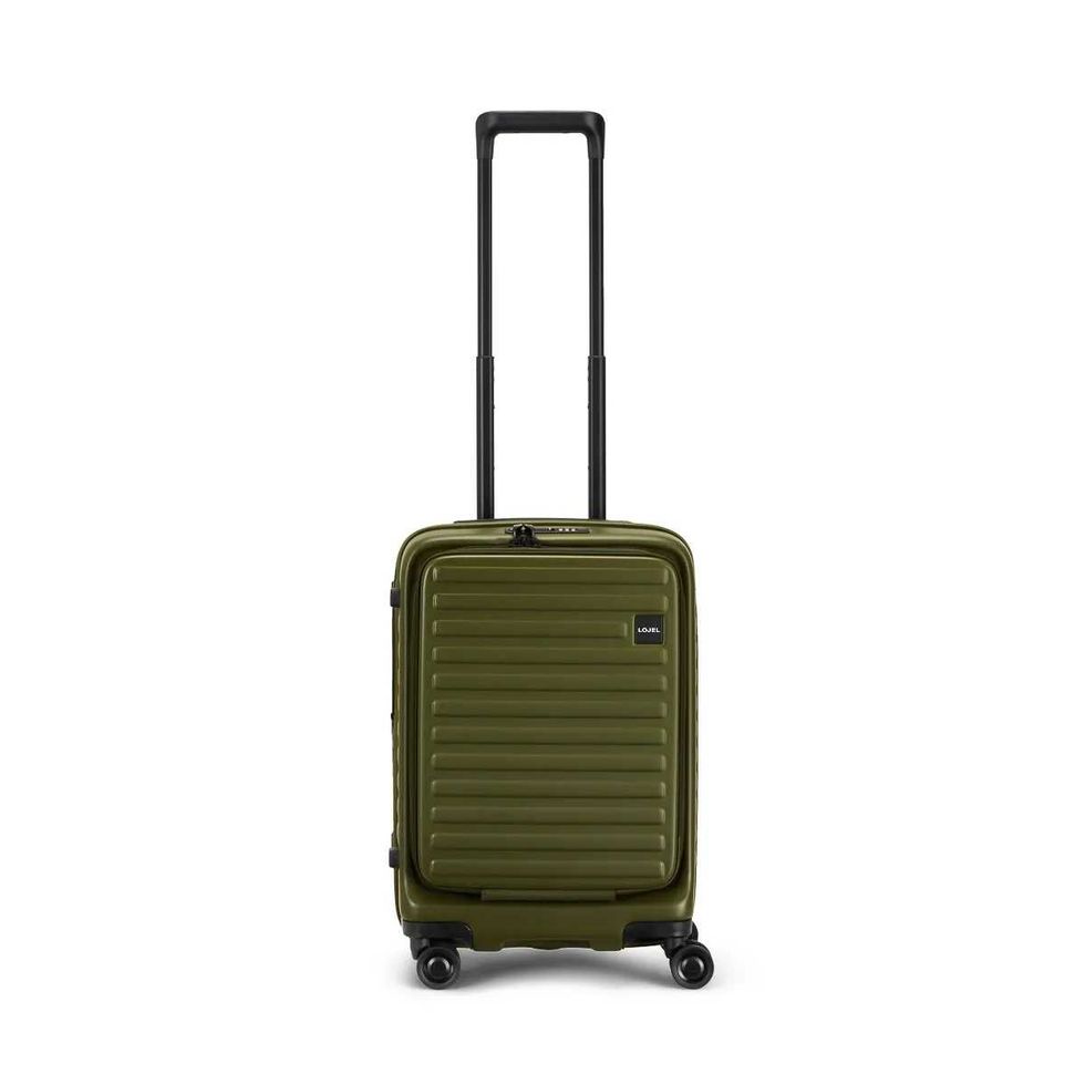 Green hard-shell carry-on suitcase.