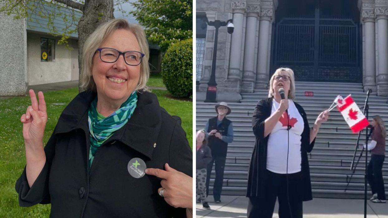 Green Party co-leader Elizabeth May. Right: Green Party co-leader Elizabeth May with a microphone and a Canadian flag.