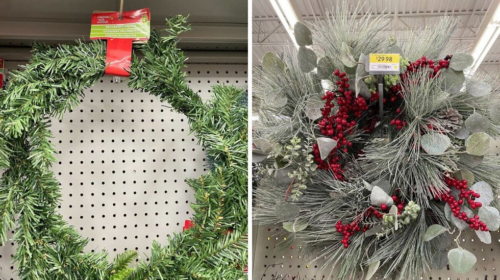 green wreath hanging at dollarma. right: green wreath with red berries hanging at walmart.