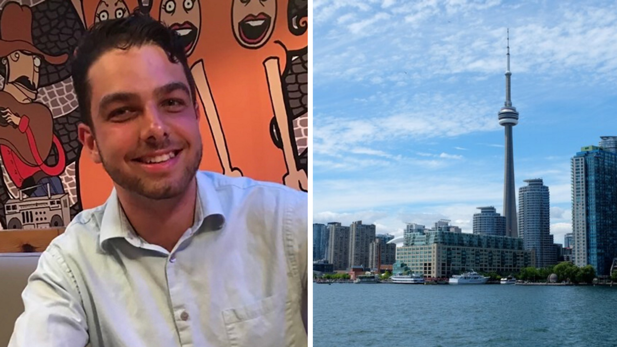 Gregory Girgis. Right: Toronto skyline.