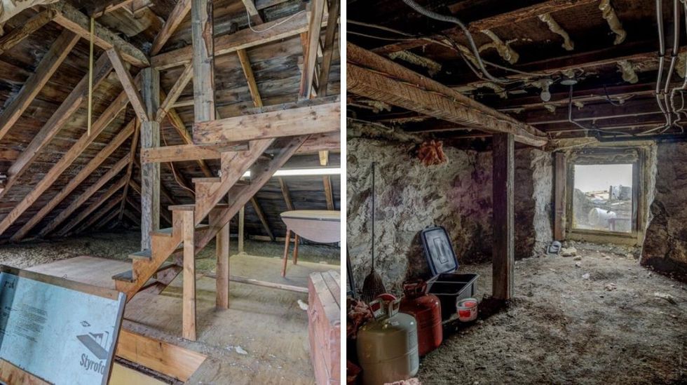 Grenier avec poutres visibles. Droite : Sous-sol non r\u00e9nov\u00e9 avec sol en terre.