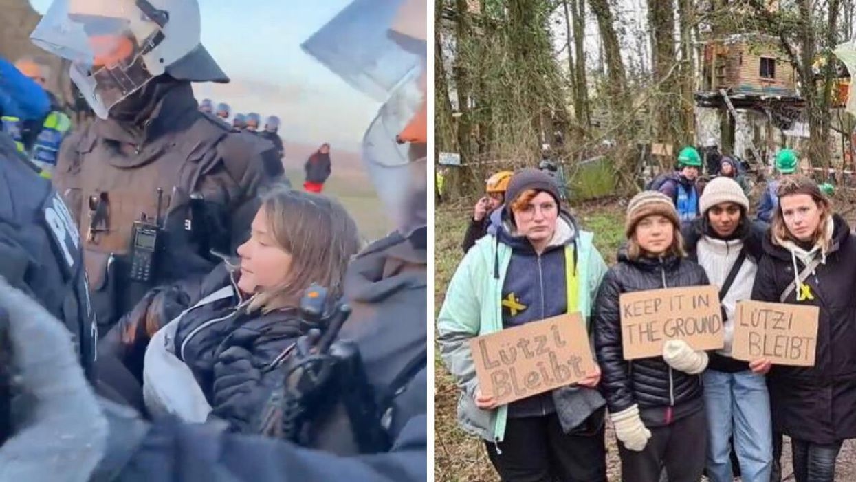 Greta Thunberg being detained. Right: Greta Thunberg in Lützerath for the protest.