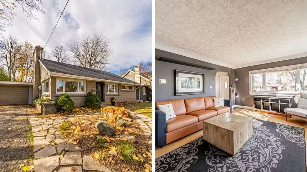 grey brick house with a stone pathway in paris, ontario. right: living room of the house wiht a leather couch and an arched doorway