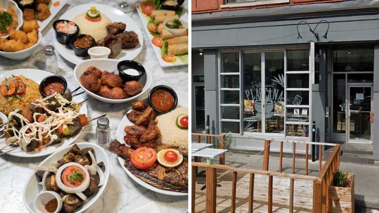 Grillades au restaurant Le Platana. Droite : Devanture du restaurant Le Platana à Montréal.