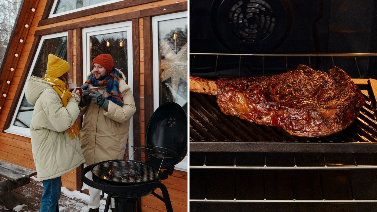 Grilling outside in winter. Right: Indoor grilling with food