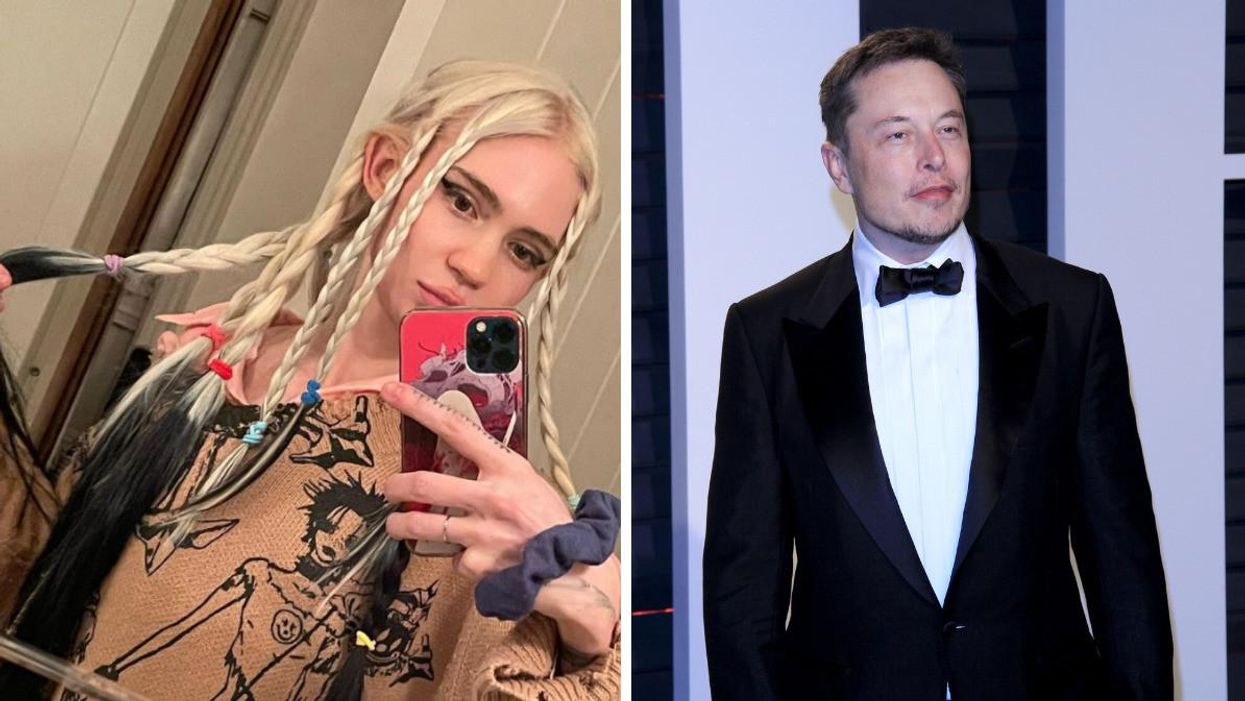 Grimes taking a selfie. Right: Elon Musk.