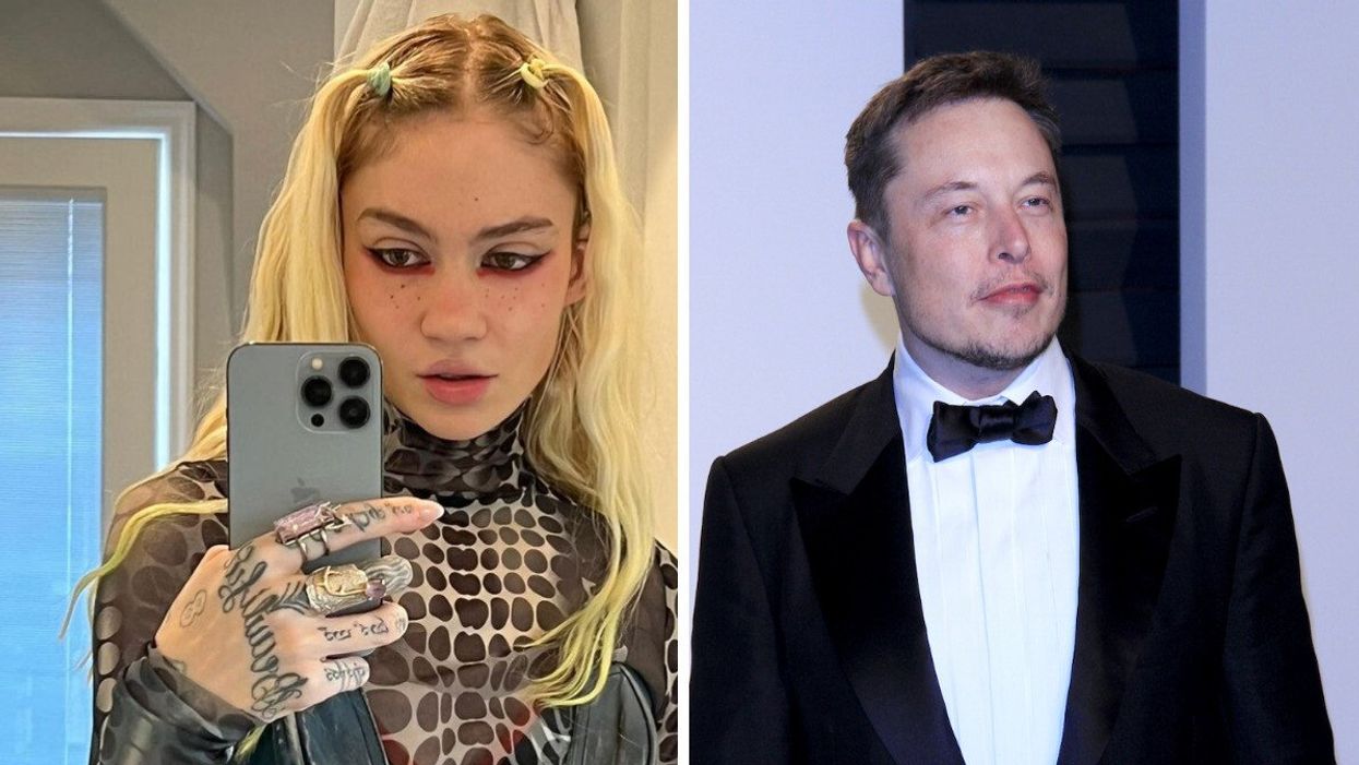 Grimes taking a selfie. Right: Elon Musk.