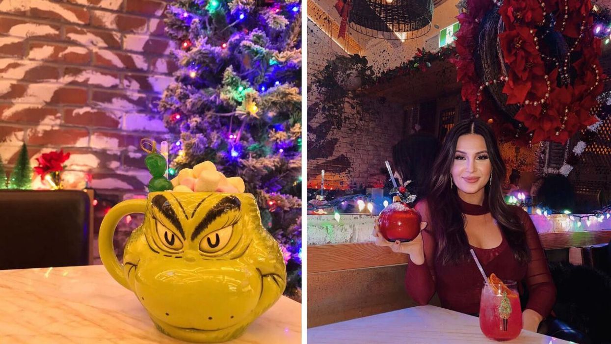 Grinch mug. Right: Woman holding a Christmas cocktail.
