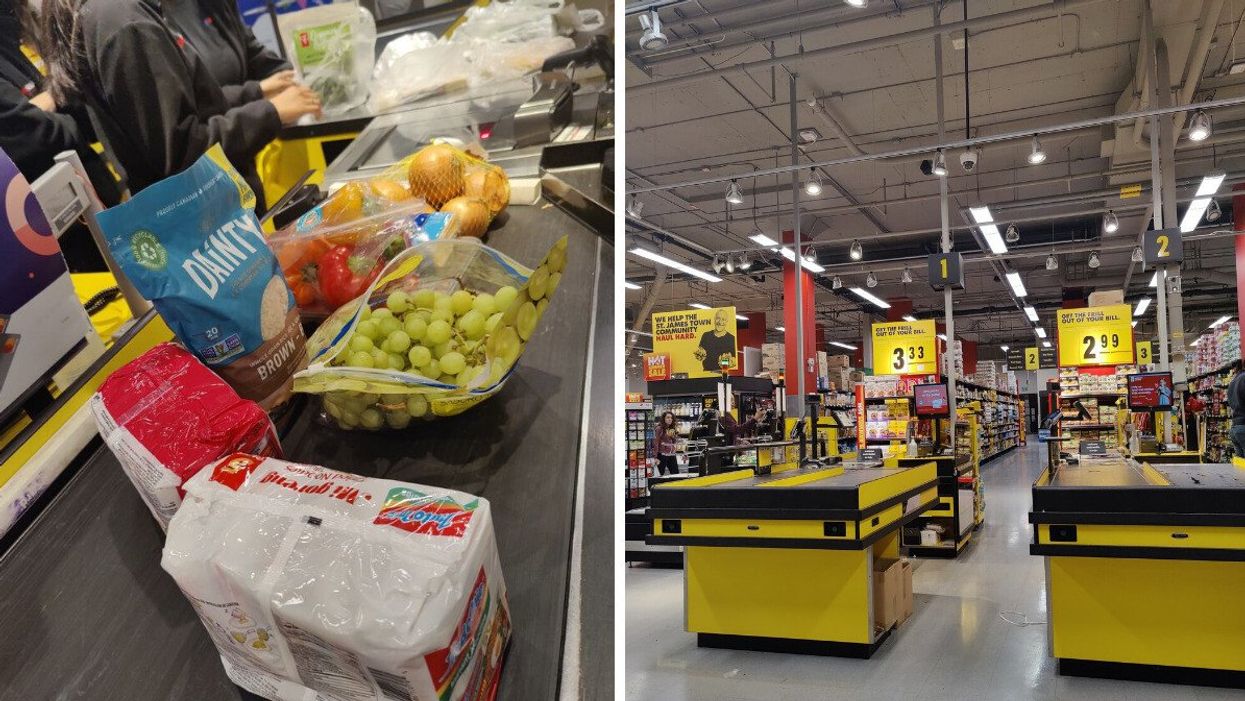 Groceries checked out at No Frills. Right: No Frills counters.