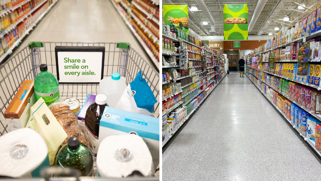 Groceries in a cart. Right: A grocery store aisle.
