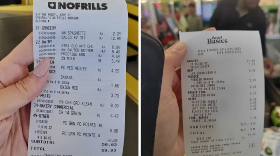 Grocery bill at No Frills. Right: Grocery bill at Food Basics.