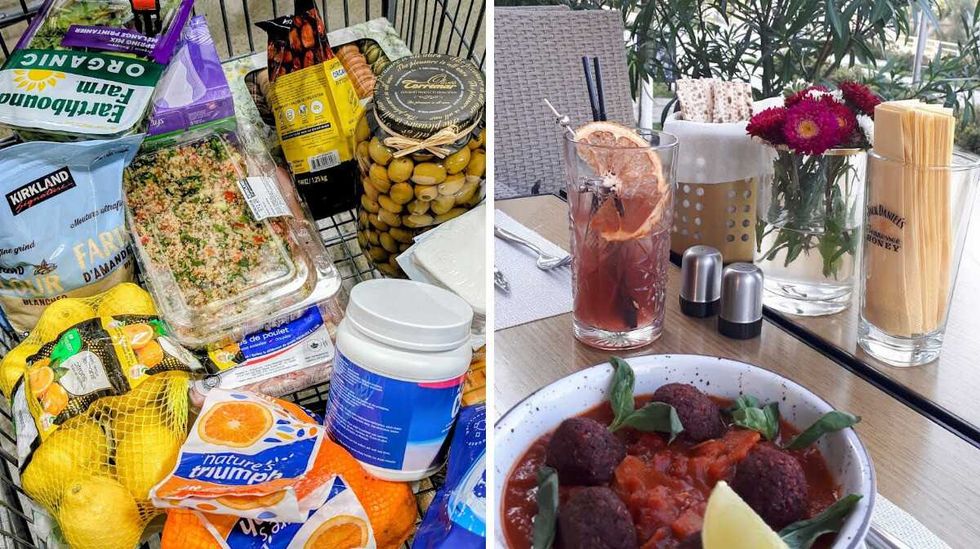 Grocery cart. Right: Lunch with a drink at the restaurant.
