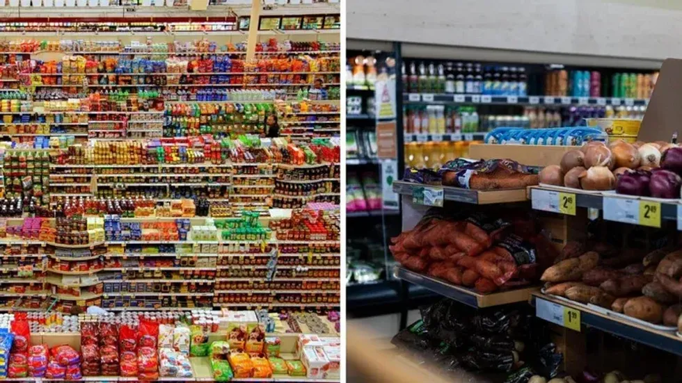 Grocery store aisles. Right: Some produce in a supermarket.