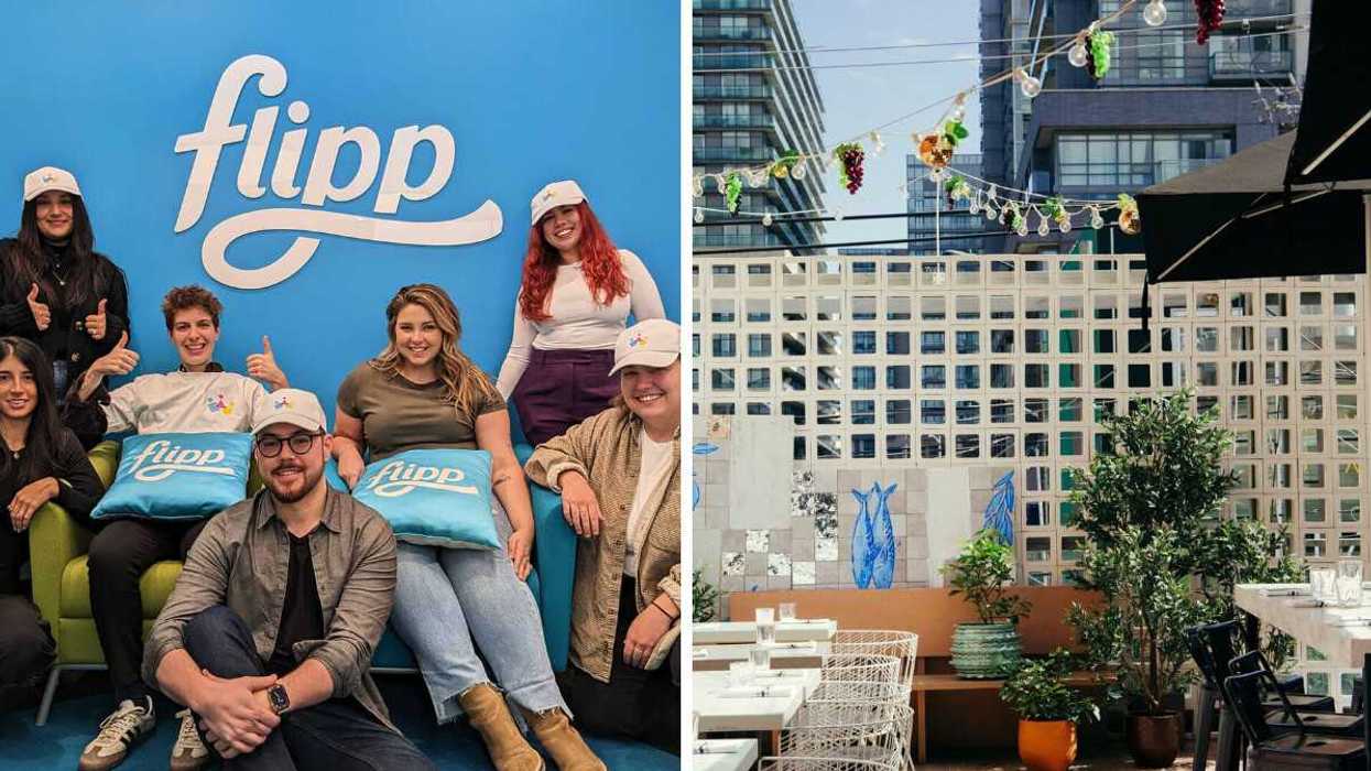 group of flipp employees. right: view from rooftop patio at the drake hotel in toronto