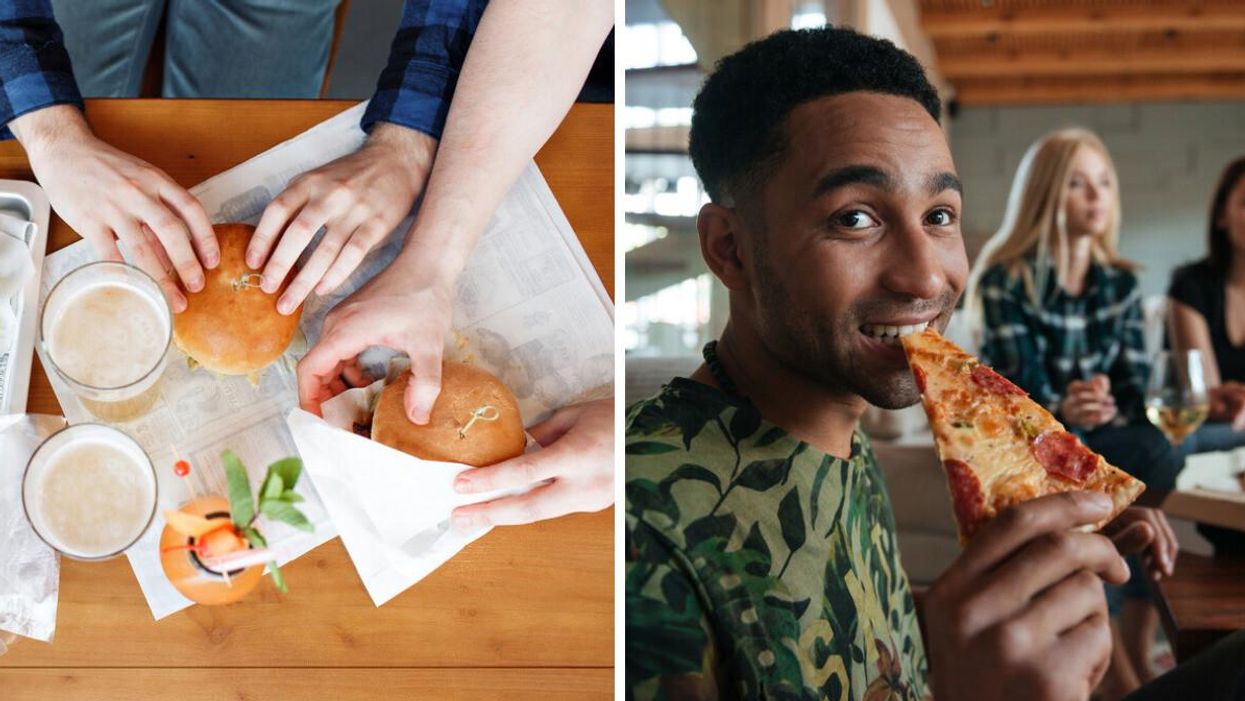 Group of friends eating burgers and drinking beer. Right: A man eating a slice of pizza.