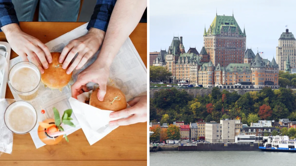 Group of friends eating burgers and drinking beer. Right: Quebec City's Château Frontenac and St. Lawrence River.