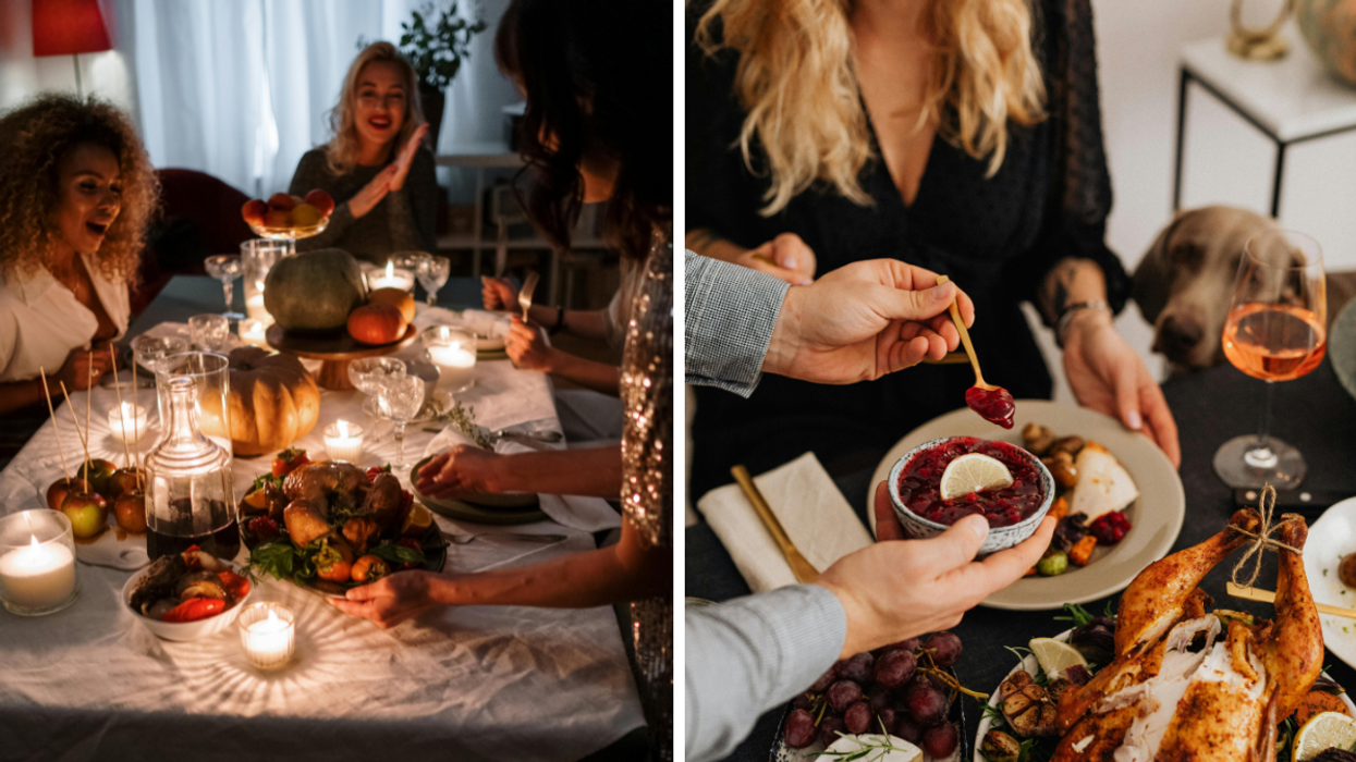 Group of friends gathered around a candlelit dinner table decorated with pumpkins, fall produce, and warm lighting during an autumn evening celebration., Right: Close-up of a Thanksgiving table with roast turkey, cranberry sauce, grapes, and wine as guests serve food and enjoy a cozy holiday meal.