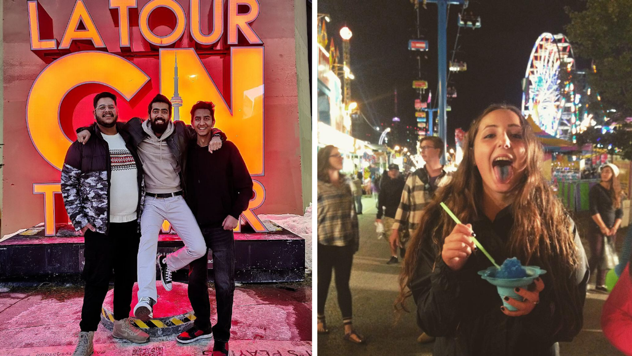 Group of people outside the CN Tower in Toronto. Right: Person at the CNE in Toronto.