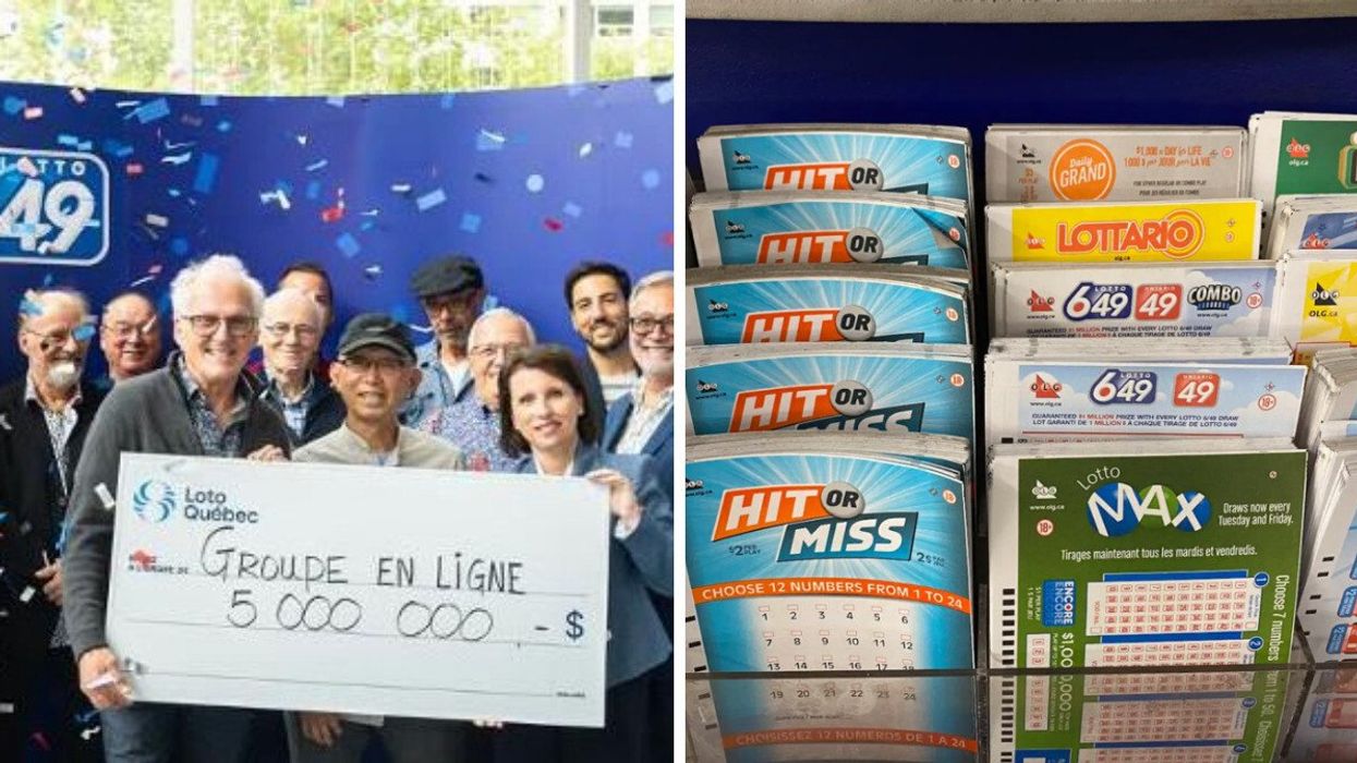 Groupe de gagnants Loto-Québec. Droite : Des billets de loteries canadiennes.