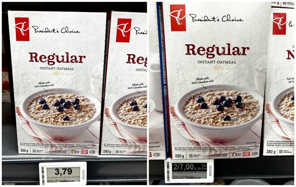 Gruau instantan\u00e9 nature le Choix du Pr\u00e9sident en vente chez Maxi. Droite : Gruau instantan\u00e9 nature le Choix du Pr\u00e9sident en vente chez Provigo.