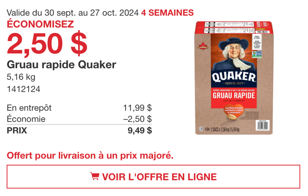 Gruau rapide de Quaker en rabais au Costco.