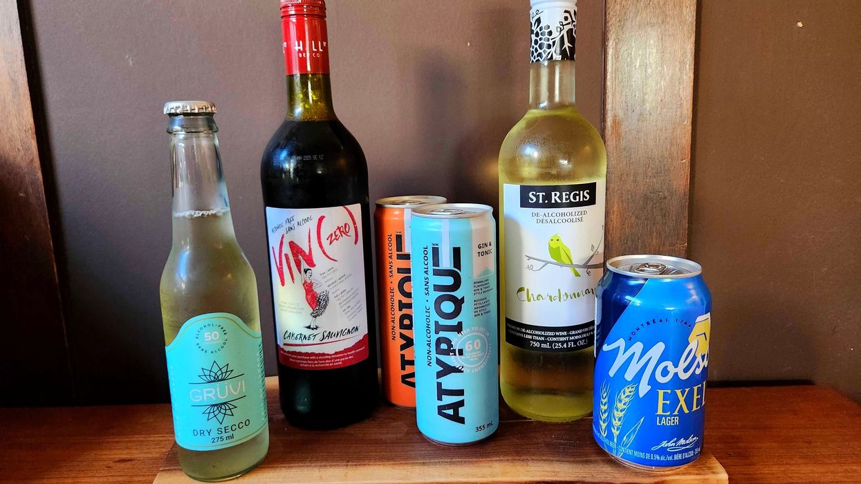 Gruvi Alcohol Free Wine Dry Secco, Molson Exel Lager, Vin(zero) Alcohol Free Cabernet Sauvignon, St. Regis Chardonnay, ATYPIQUE Non-Alcoholic Cocktails.