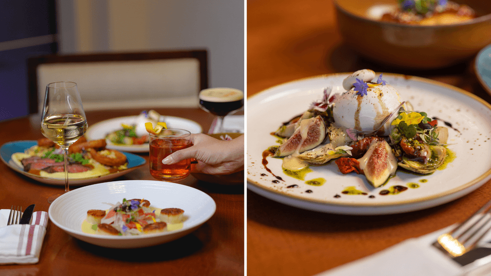 Guests enjoying dinner and cocktails at GaZette Bistro Bar. Right: Burrata salad with fresh figs and seasonal ingredients at gaZette restaurant.