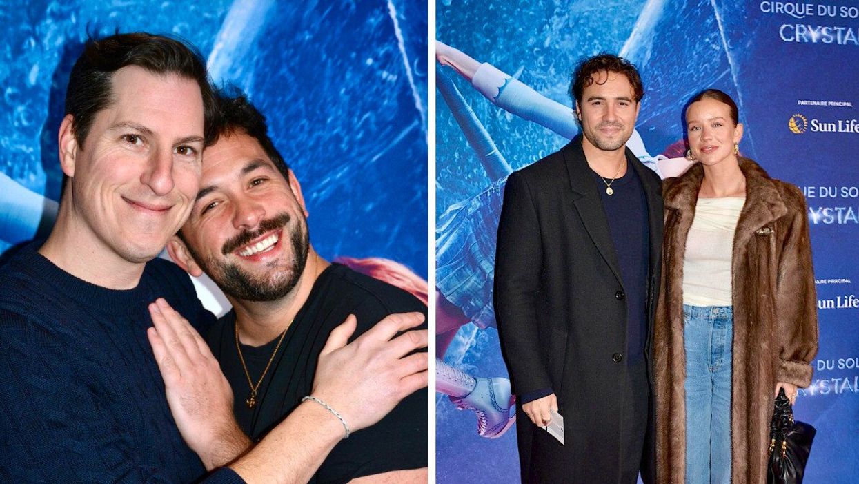 Guillaume Pineault et Félix-Antoine Tremblay entrelacés. Droite : Olivier Dion et Emy-Jades Greaves qui prennent la pose sur le tapis rouge.