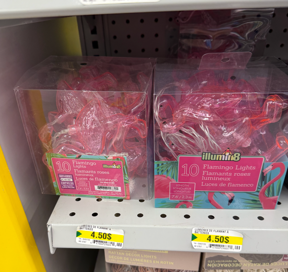 Guirlande de flamants roses lumineux dans son emballage au Dollarama.