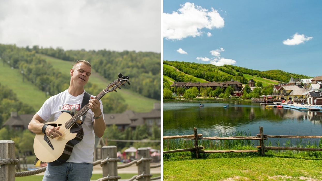 Guitarist playing music along a hiking trail. Right: Lake and mountain in Blue Mountain Village.