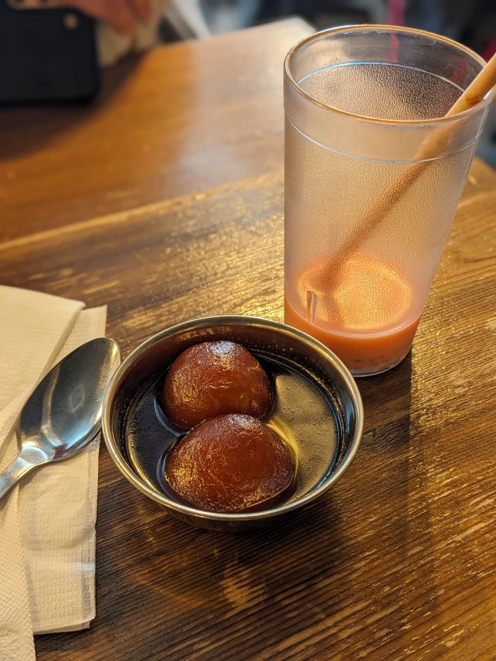 Gulab jamun and rose sharbat.