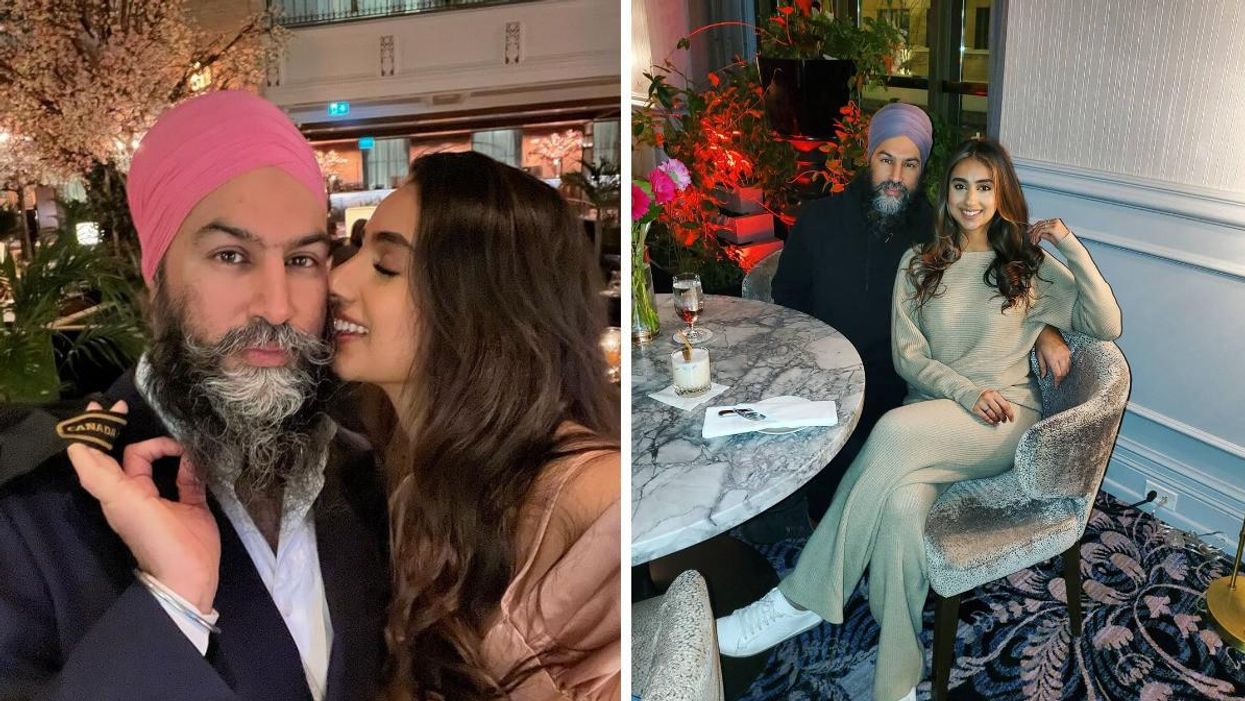 Gurkiran Kaur going in to kiss Jagmeet Singh's cheek. Right: Singh and Kaur sitting together at a restaurant.