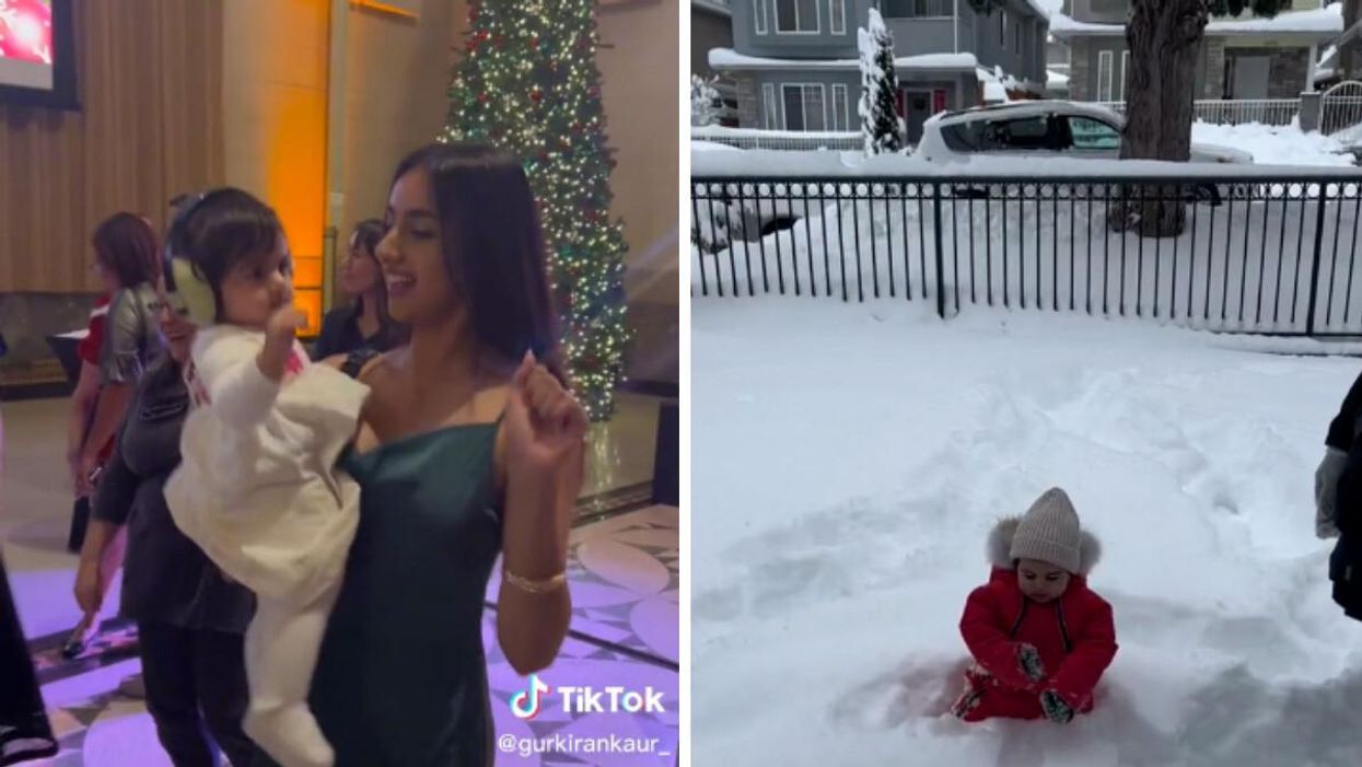 Gurkiran Kaur holding her baby and dancing at a party. Right: Gurkiran Kaur's baby Anhad playing in the snow.
