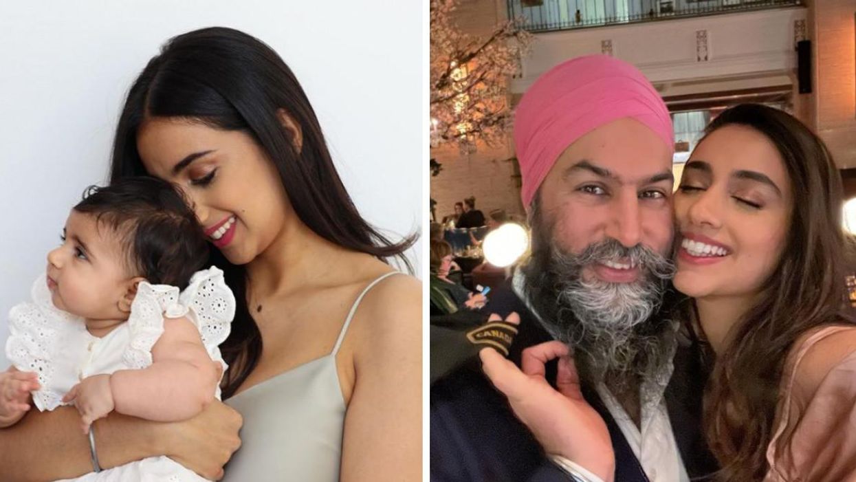 Gurkiran Kaur holding her daughter. Right: Jagmeet Singh and Gurkiran Kaur.