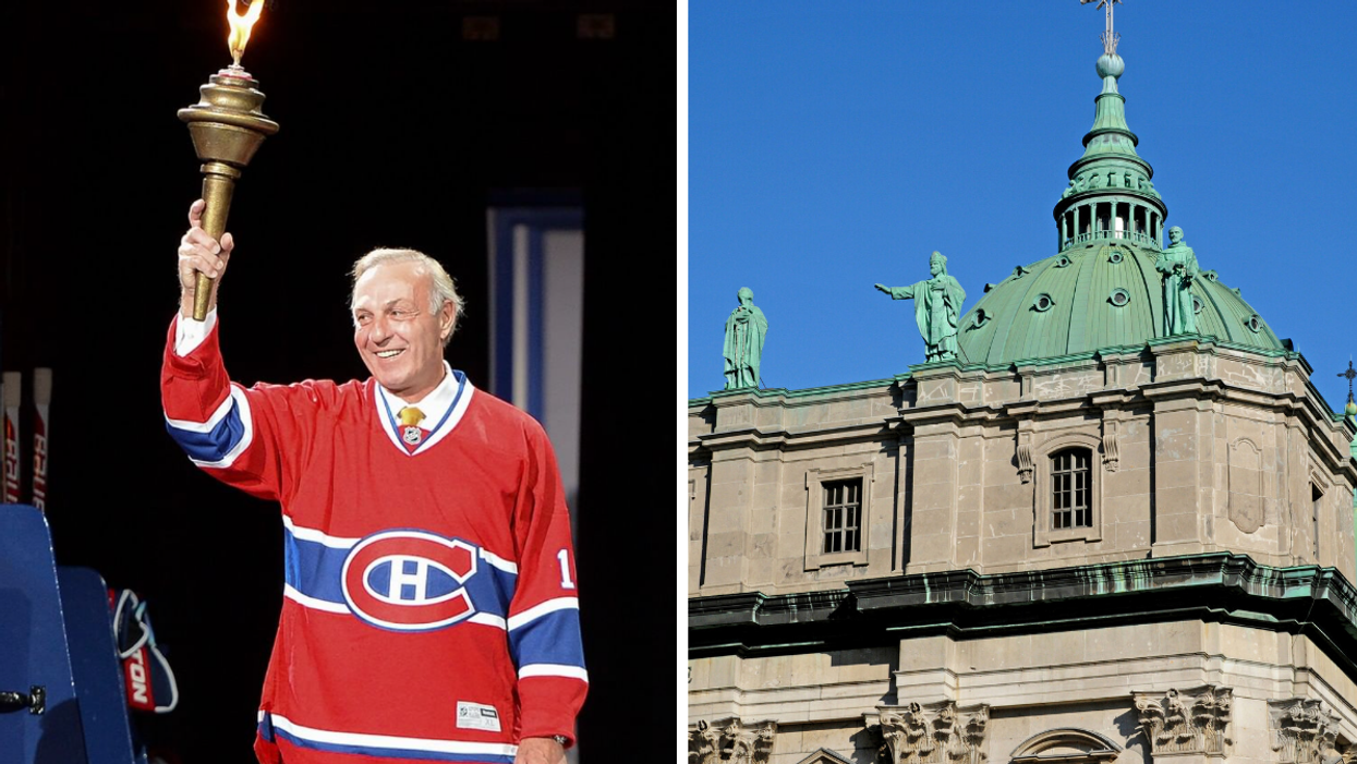 Guy Lafleur. Droite : La cathédrale Marie-Reine-du-Monde.