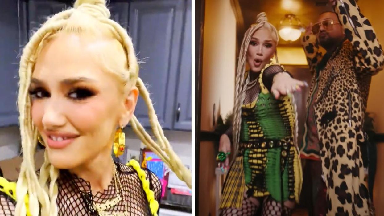 Gwen Stefani shows off her hair. Right: Gwen Stefani with Sean Paul in 'Light My Fire.'