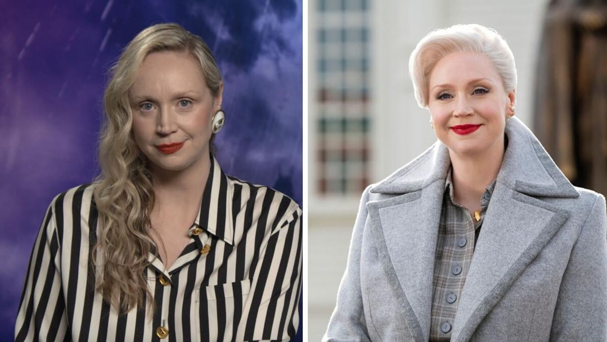 Gwendoline Christie. Right: Gwendoline Christie as Larissa Weems in "Wednesday."