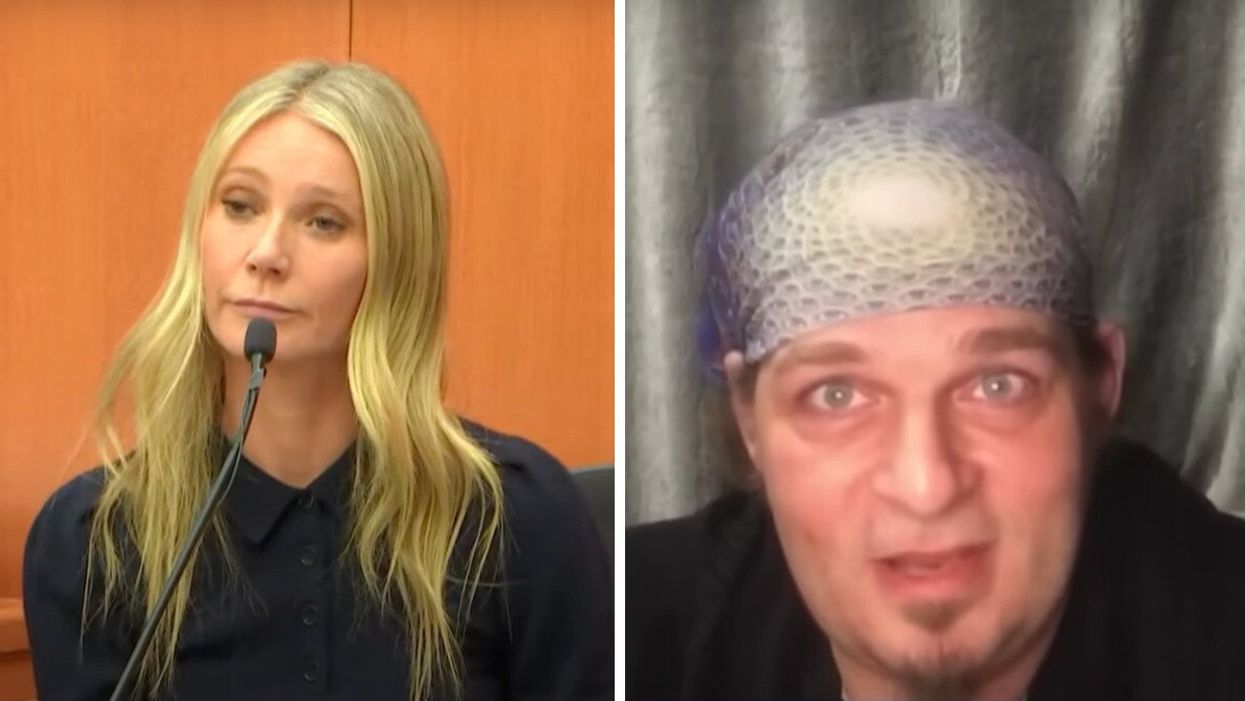 Gwyneth Paltrow at her ski crash trial in Utah. Right: Michael "Fletch" Fletcher discussing the trial.