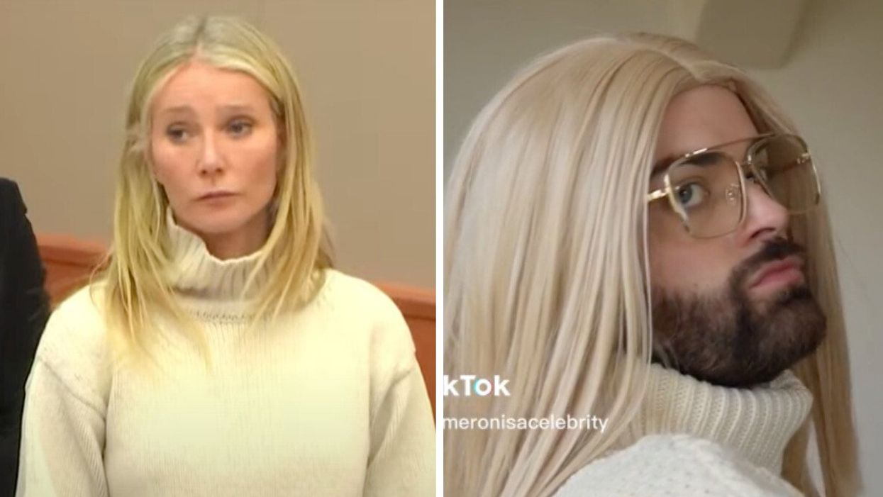 Gwyneth Paltrow at her trial for a ski crash. Right: A TikToker mocking Paltrow's court outfit.