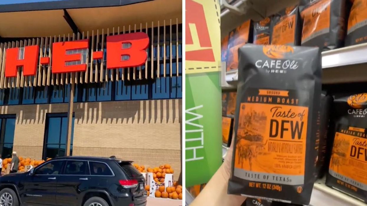 H-E-B store in the Dallas suburb of Frisco, TX. Right: a person holding a coffee bag at H-E-B.