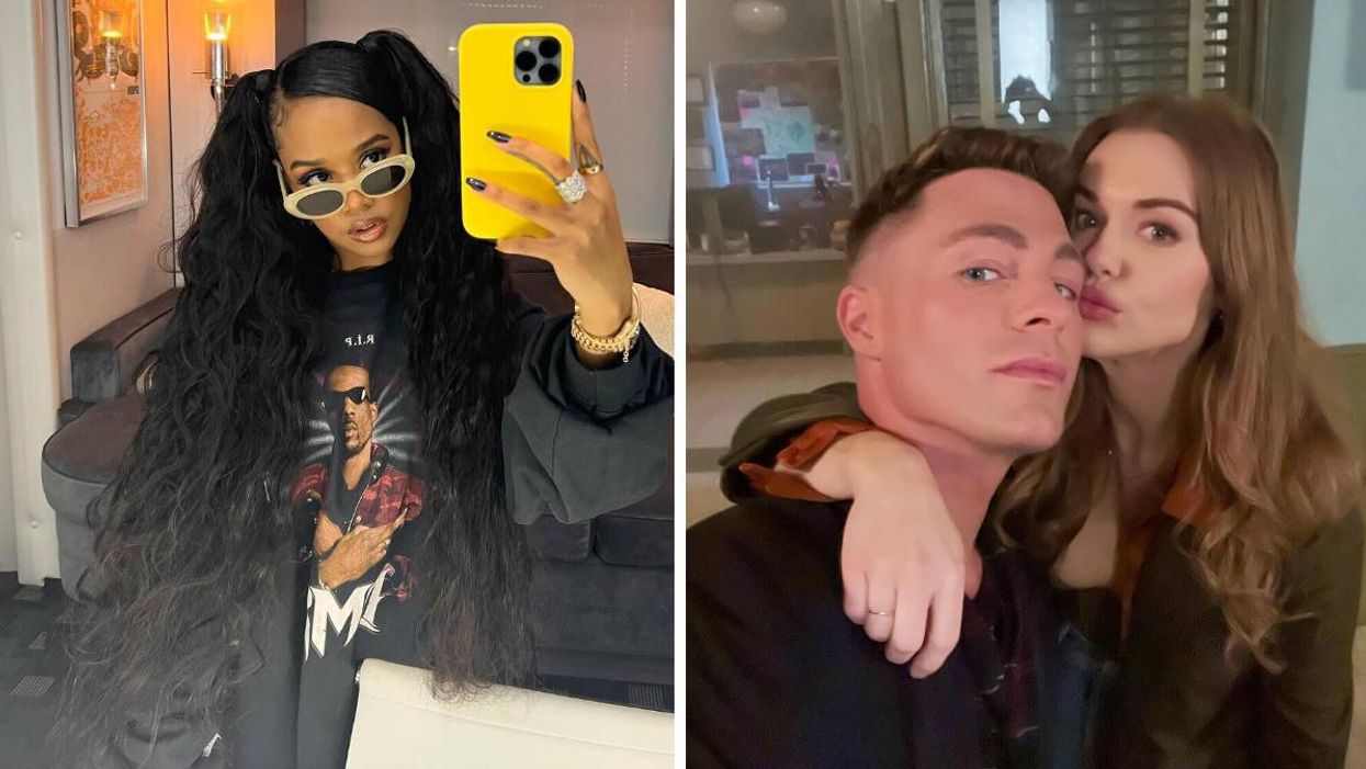 H.E.R taking a mirror selfie in sunglasses. Right: Teen Wolf actors Holland Roden and Colton Hayes taking a selfie.