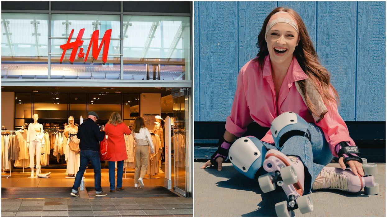 H&M Store. Right: A woman wearing purple roller skates.