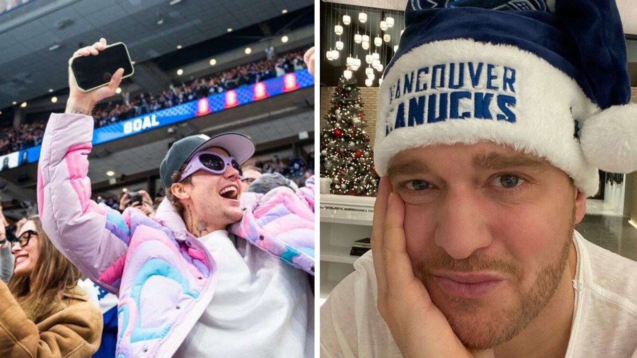 Hailey and Justin Bieber at a Toronto Maple Leafs game. Right: Michael Bublé wearing a Vancouver Canucks hat.
