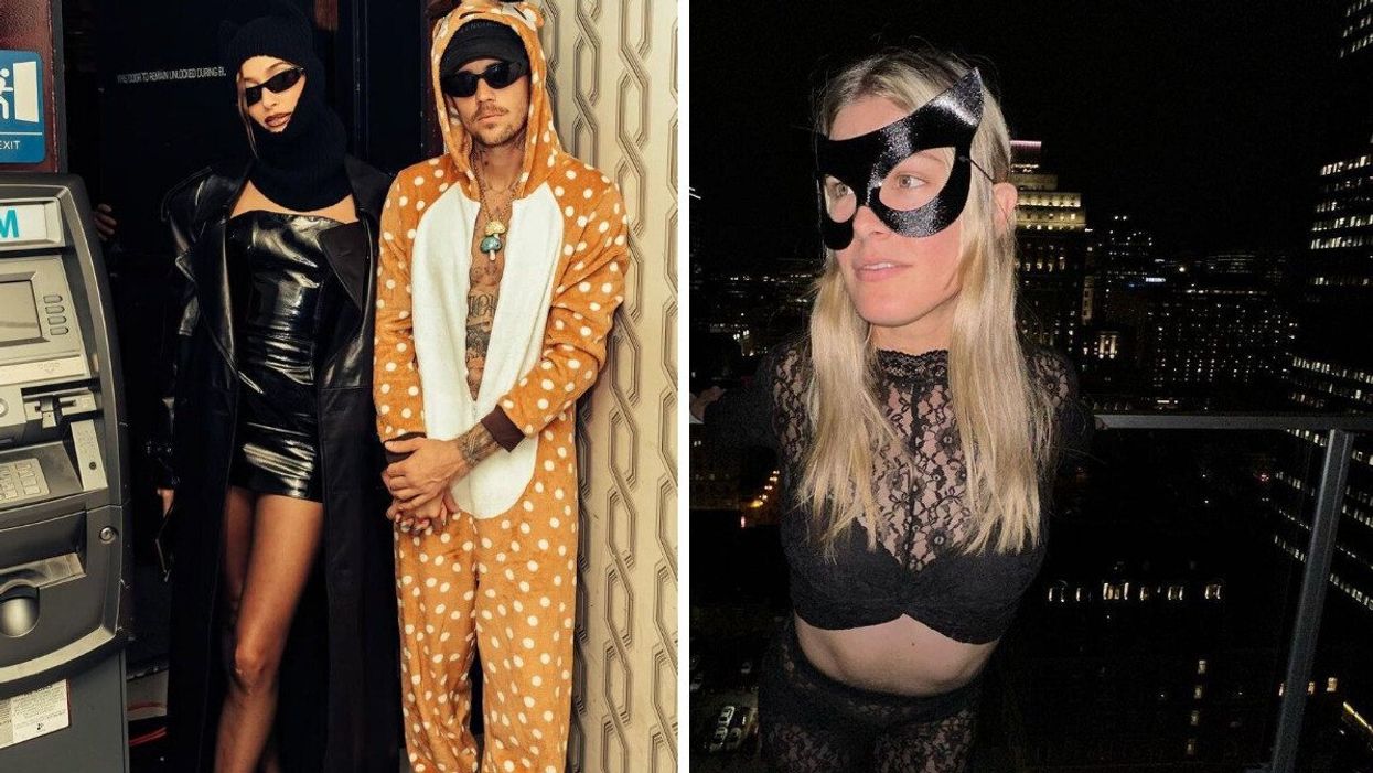 Hailey and Justin Bieber in Halloween costumes. Right: Eugenie Bouchard in a Halloween costume.