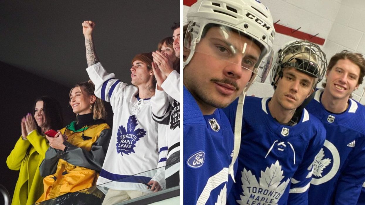 Hailey and Justin Bieber with Bieber's mom at a Leafs game. Right: Auston Matthews, Justin Bieber and Mitch Marner.