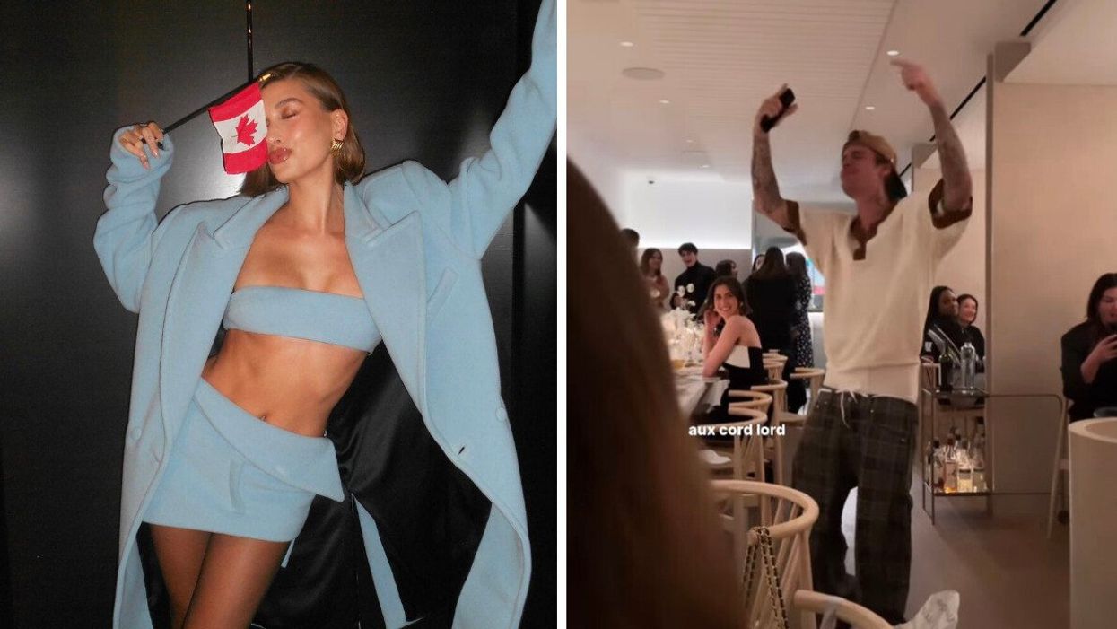 Hailey Bieber holding a Canadian flag. Right: Justin Bieber dancing.