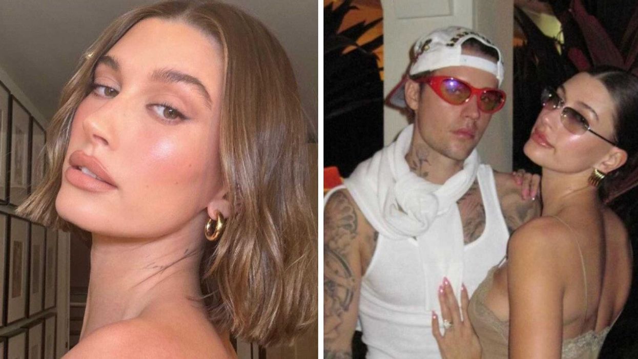 Hailey Bieber. Right: Justin Bieber and Hailey Bieber.